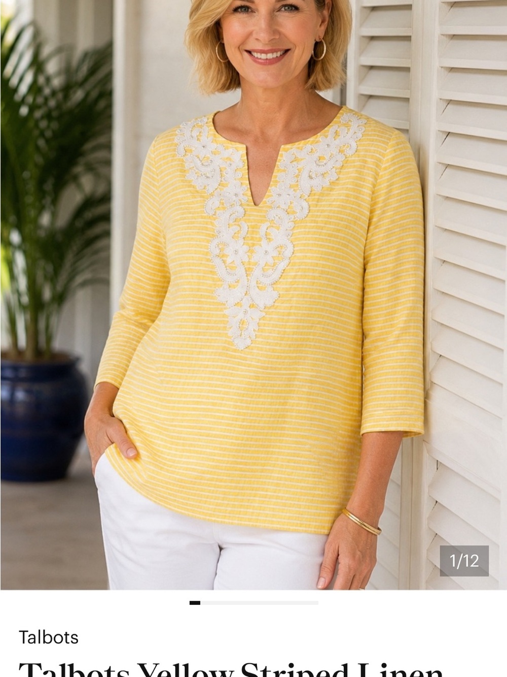 Talbots 100% linen Yellow & White Striped Tunic with beaded Trim